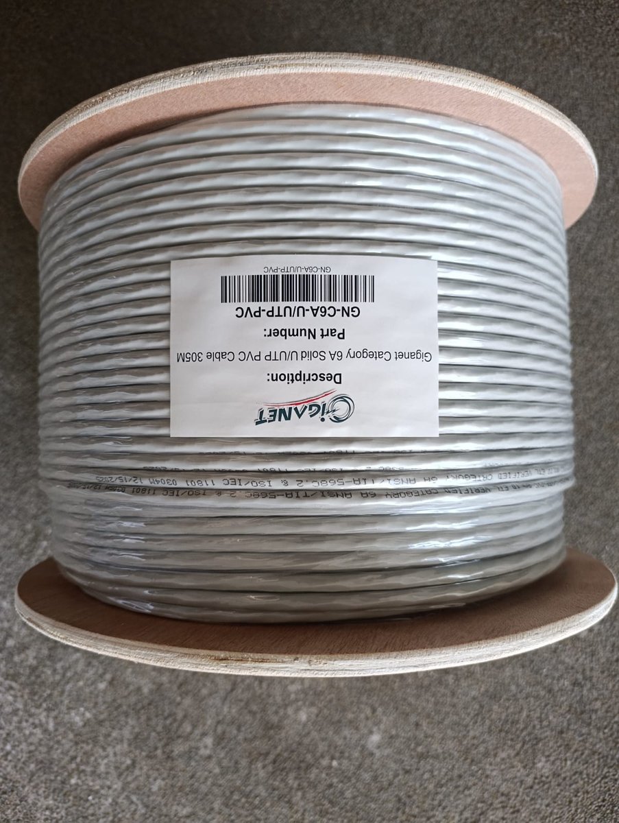 Giganet Category 6A Solid U/UTP PVC Cable 305m Drum GN-C6A-U/UTP-PVC Indoor